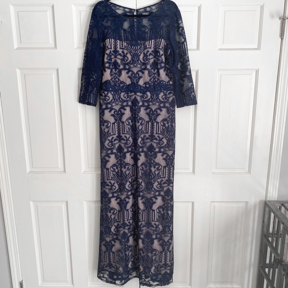 Signature by Sangria Navy and Nude Lace Gown